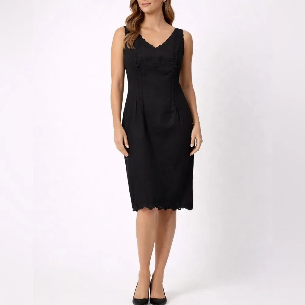 Evan Picone Black Sleeveless Scalloped Hem Sheath Dress Ramie Size 10